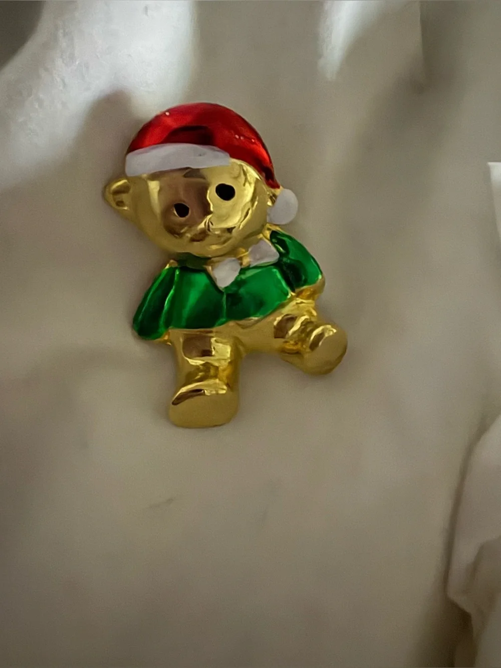 Gold Bear Holiday Toy Pin with Red Hat and Green Jacket